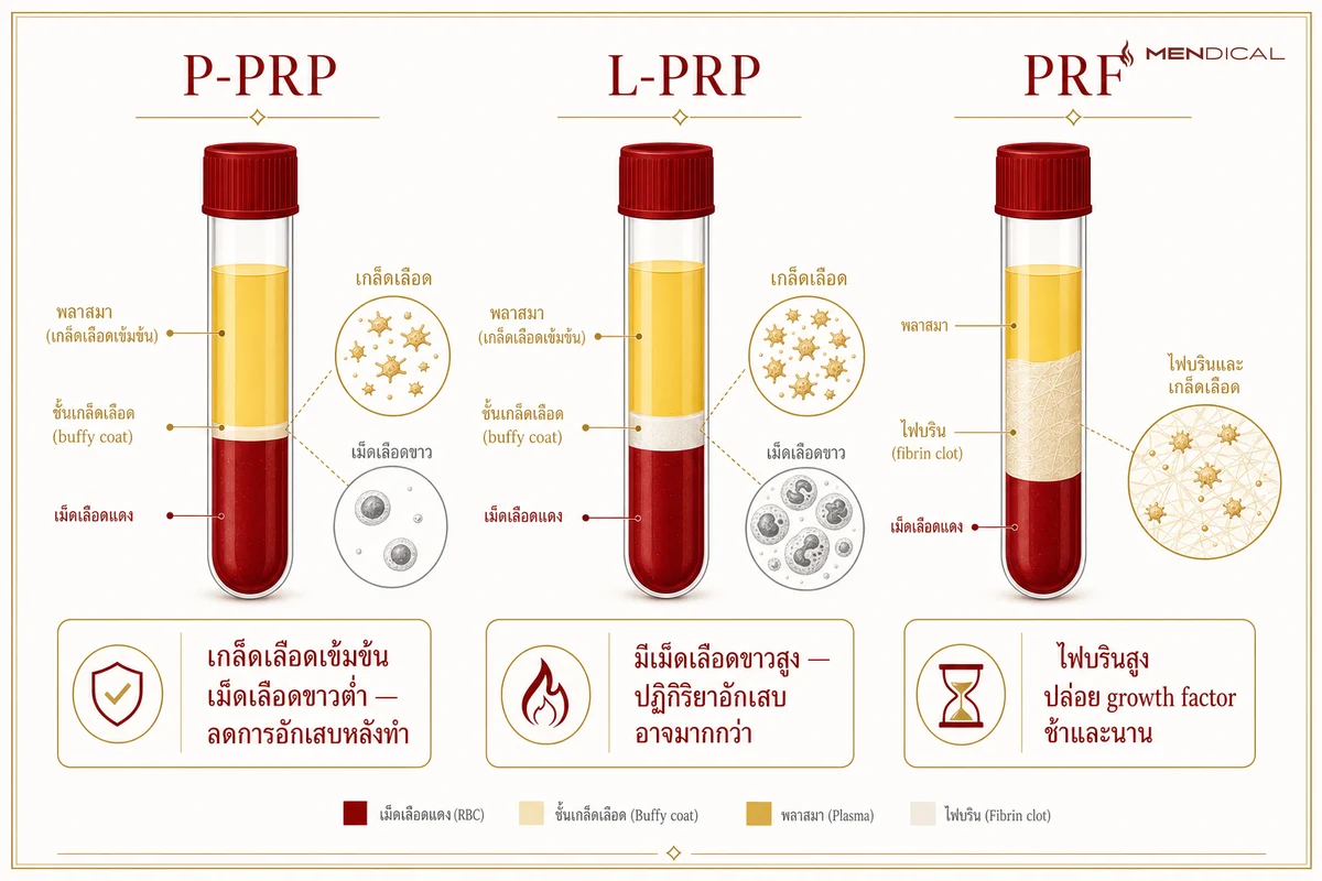 เทียบ PRP 3 ประเภท: P-PRP (เม็ดเลือดขาวต่ำ), L-PRP (เม็ดเลือดขาวสูง) และ PRF (ไฟบรินสูง ปล่อย growth factor ช้าและนาน)